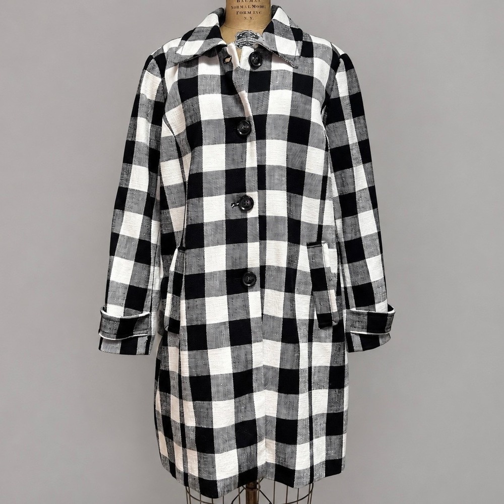 Talbots Buffalo Plaid Trench Coat Womens XL Black White Cotton Linen Long